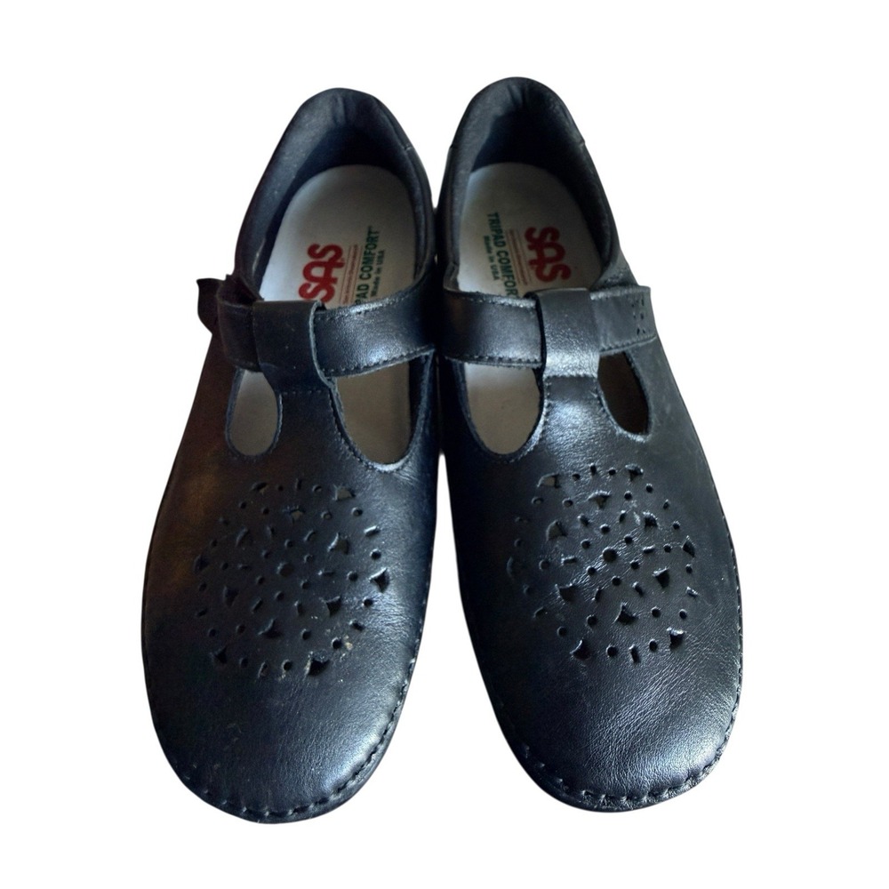 SAS Women Mary Jane 8W Black Leather Willow Flats T-straps Casual
